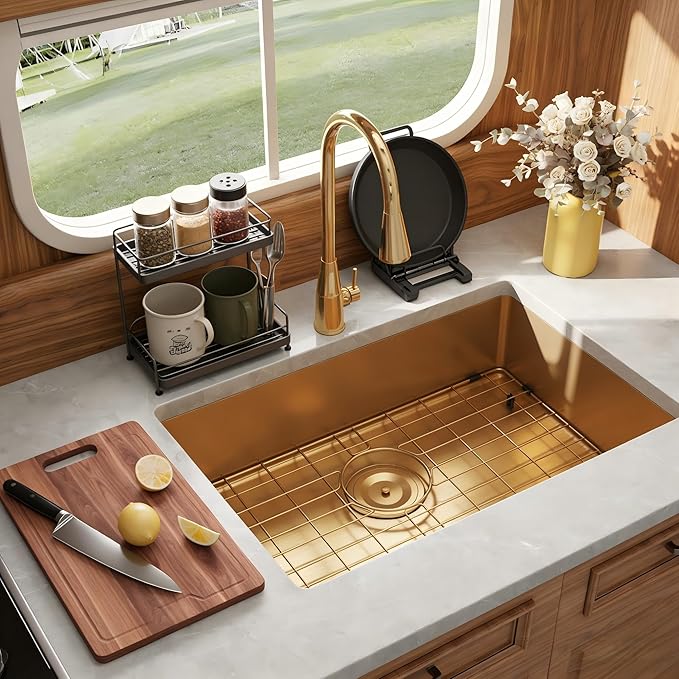 Kitsitchen Gold Kitchen Sink,SUS304 Stainless Steel RV Undermount Kitchen Sink with Strainers & Bottom Gird, 23" x 16" x 7" Single Bowl Kitchen Sinks,7 inch Depth for RV, Outdoor,Bathroom,Camper