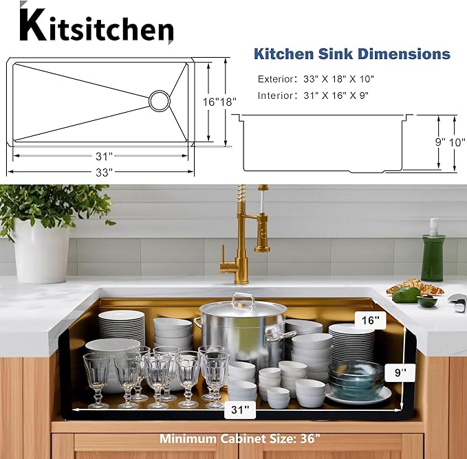 Kitsitchen Gold Undermount Kitchen Sink 33 Inch, 16 Gauge Stainless Steel Undermount Kitchen Sink,Single Bowl Ledge Workstation Handmade Sinks with Custom Accessories & Offset Drain (33" X 18"X 10")