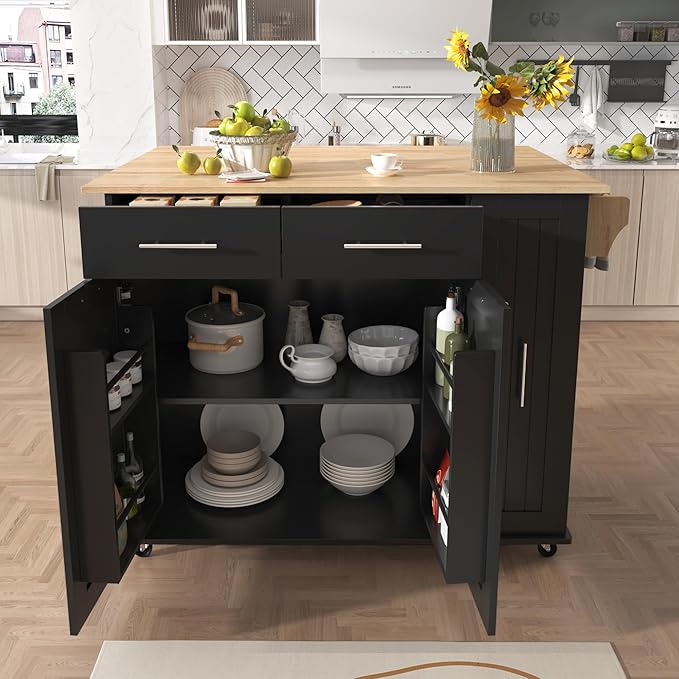 YOPTO 46" Kitchen Island with Drop Leaf,Dining Storage Cart W/ 3 Tier Pull Out Cabinet Organizer & Internal Storage Rack,Rolling Cart on Wheels W/Towel Rack & 2 Drawers,for Kitchen,Black