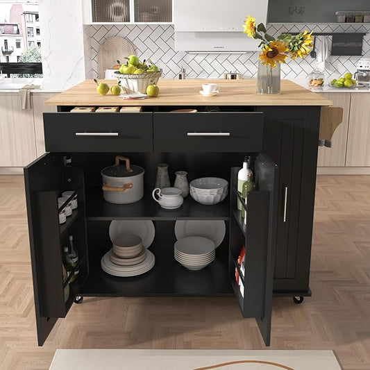 Kitchen Island With Drop Leaf, Storage Cart With 3 Tier Pull Out Cabinet Organizer, Internal Rack, Rolling Cart on Wheels With Towel Rack, 2 Drawers, for Kitchen (Black#021)