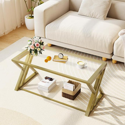 Wolawu Coffee Table Gold Glass Coffee Table for Living Room,Modern Rectangular Center Table with Sturdy Metal Frame,Tempered Glass Table Tea Tables for Bedroom Home Office
