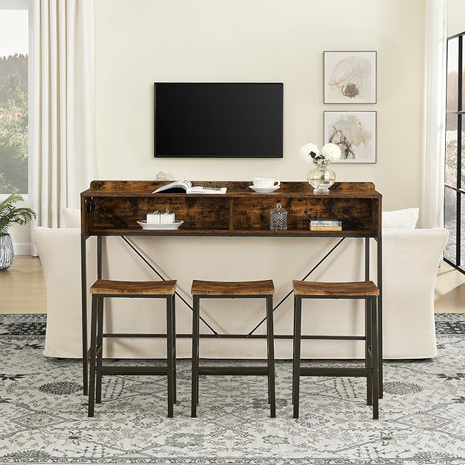 59" Bar Height Table and Chairs Set – Farmhouse Style Bar Table with 3 Saddle Stools, Perfect as Kitchen Table, Small Dining Table with Chairs, or Kitchen Island Seating Solution (Brown)