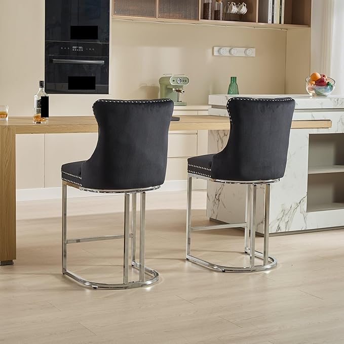26" Counter Height Bar Stools Set of 2, Modern Velvet Barstools with Button Back&Rivet Trim Upholstered Kitchen Island Chairs with Sturdy Chromed Metal Base Legs,for Living Room