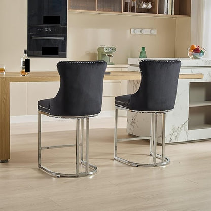26" Counter Height Bar Stools Set of 2, Modern Velvet Barstools with Button Back&Rivet Trim Upholstered Kitchen Island Chairs with Sturdy Chromed Metal Base Legs