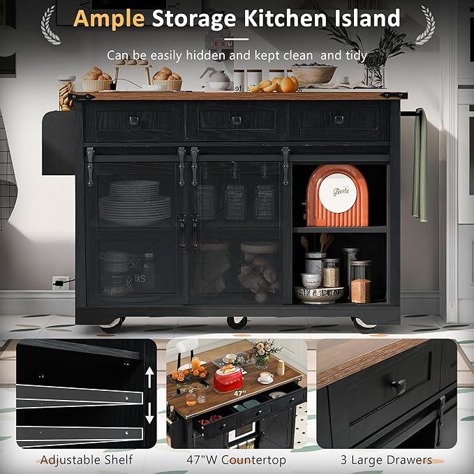Merax 53.7" Kitchen Cart Island on Wheels with Power Outlet,Drop Leaf and 2 Sliding Barn Door,Farmhouse Wood Frame Storage Cabinet for Dining Room