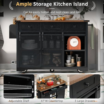Ball & Cast Farmhouse Kitchen Island with Power Outlet,Kitchen Storage Island W/Internal Storage Rack,Drop Leaf,Spice Rack,Rolling Kitchen Cart on Wheels for Home,Kitchen and Dining Room,White,54.5"