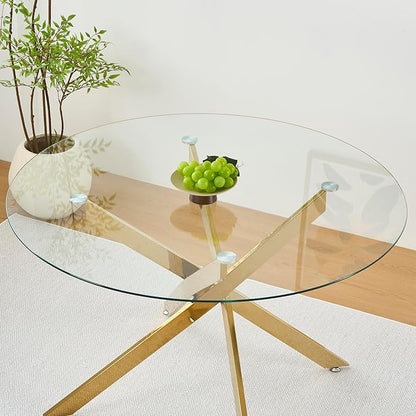 Round Dining Table, 47 Inch Glass Kitchen Table for 4-6 People, Tempered Glass Dinner Room Table with Gold X Metal Legs, Modern Circle Coffee Table for Home Dining Room Kitchen Restaurant