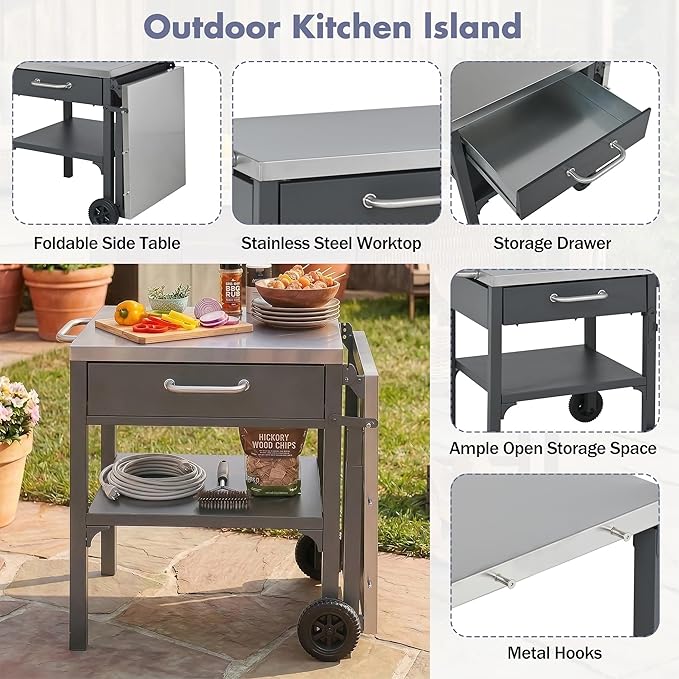 JIJIWANG 54.7" Outdoor Kitchen Island with Stainless Steel Top and Foldable Table, Kitchen Island with Drawer and Shelf, BBQ Cart with Wheels for Backyard Patio Gray