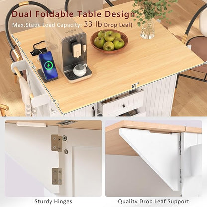 Merax 55.7" Upgraded Large Kitchen Cart Island on Wheels with 2 Drop Leaf,Power Outlet,3 Drawers,Wood Storage Cabinet