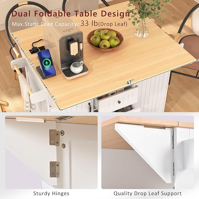 55.7'' Large kitchen Island with 2 Drop Leaf and Power Outlet, Rolling Kitchen Islands on Wheels with 3 Drawers and Storage Cabinet, Folding Dining Table with Spice & Towel Rack for Dining Room White