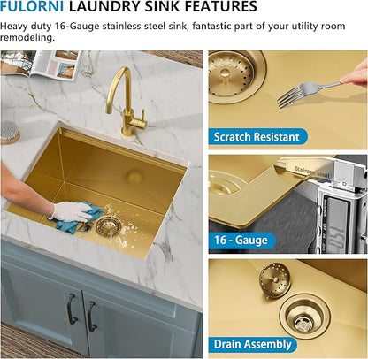 21"x18" Undermount Laundry Utility Sink Workstation – Brushed Gold NANO-PVD, 16 Gauge 304 Stainless Steel, 12 Inch Deep Single Bowl Sink Basin for Laundry Room, RV or Utility Use