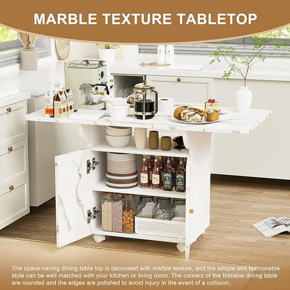 47" Folding Dining Table with Storage & Wheels - White Marble Texture, Multi-Functional Kitchen Island, Desk, Coffee Table, Space-Saving & Easy Assembly