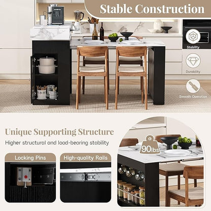 Kitchen Islands with Extendable Dining Table, Wheels and Hooks, Sideboard, Island Table with Double-Side Storage for Kitchen and Dining Room (Black+Marble White)