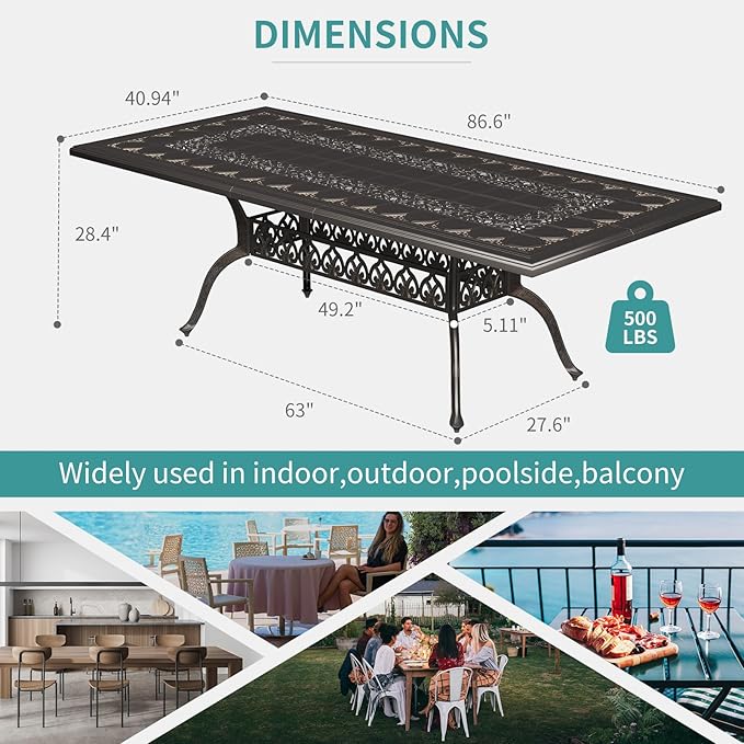 GarveeLife Cast Aluminum Outdoor Dining Table, 86.6 in Patio Dining Table with Adjustable Foot Pads for Garden, Backyard, Deck, Dark Bronze