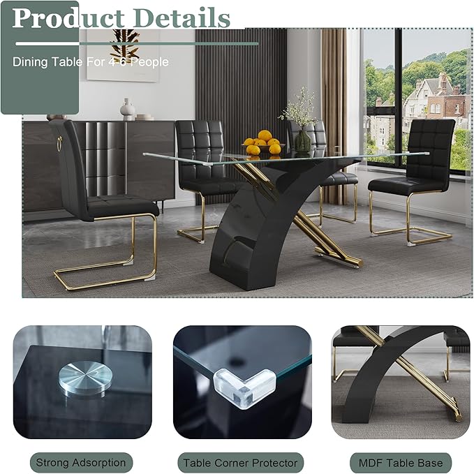 63" Rectangle Glass Dining Table, Black Modern Kitchen Table with Tempered Glass Tabletop and Gold X-Shaped MDF Base, Dining Room Table for 4-6, for Kithchen, Living Room