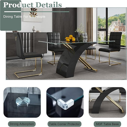 63" Rectangle Glass Dining Table, Black Modern Kitchen Table with Tempered Glass Tabletop and Gold X-Shaped MDF Base, Dining Room Table for 4-6, for Kithchen, Living Room