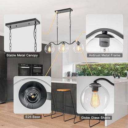 Farmhouse Linear 3-Light Black Chandelier with Wavy Arms, Kitchen Island Pendant Light Fixture with Clear Glass Globe Shades, Ceiling Hanging Lighting for Dining Room Table, Bar