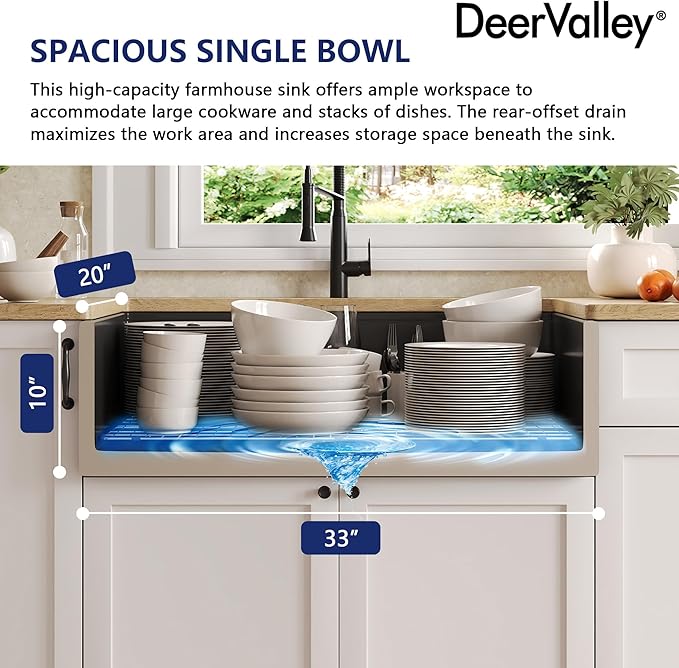 DeerValley Black Farmhouse Sink 33 Inch Fireclay Farmhouse Kitchen Sink Undermount Workstation Single Bowl Kitchen with Ledge and Workstation Accessories