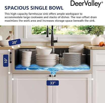 DeerValley Black Farmhouse Sink 33 Inch Fireclay Farmhouse Kitchen Sink Undermount Workstation Single Bowl Kitchen with Ledge and Workstation Accessories