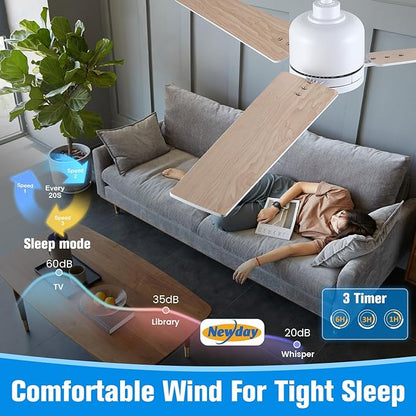 Newday 48 Inch Ceiling Fans with Lights Remote for Bedroom Living Room Kitchen Office, Indoor or Covered Outdoor, 3CCT Dimmable, 3 Blades, 6 Speed Reversible Quiet DC Motor, White/Wood Grain