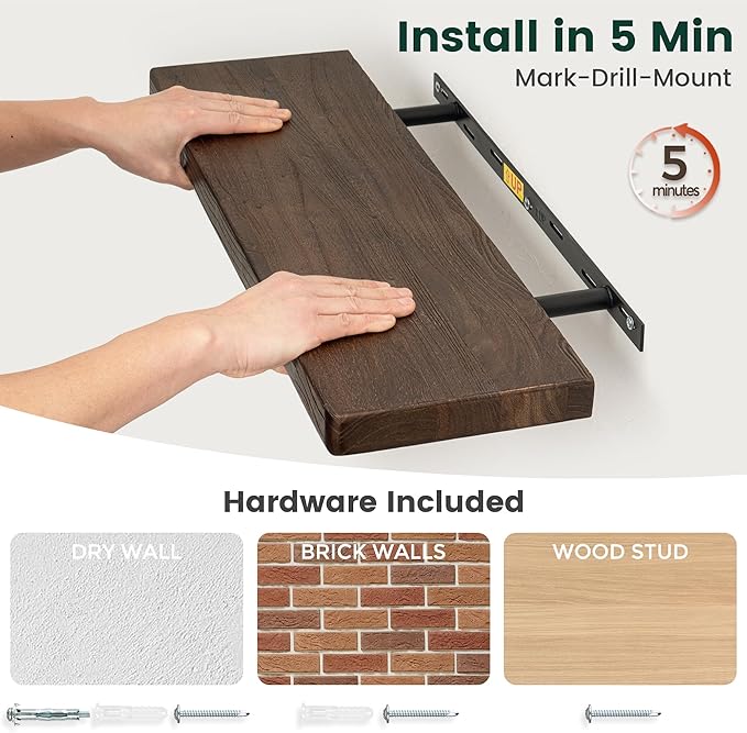 24 Inch Flat Edge Floating Shelves, 8 Inch Deep Solid Elm Wood Wall Shelf, Heavy-Duty Wall Mounted Shelf with Invisible Brackets for Living Room, Bathroom, Kitchen, Set of 2, Walnut Color