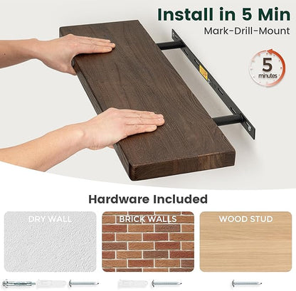 24 Inch Flat Edge Floating Shelves, 8 Inch Deep Solid Elm Wood Wall Shelf, Heavy-Duty Wall Mounted Shelf with Invisible Brackets for Living Room, Bathroom, Kitchen, Set of 2, Walnut Color