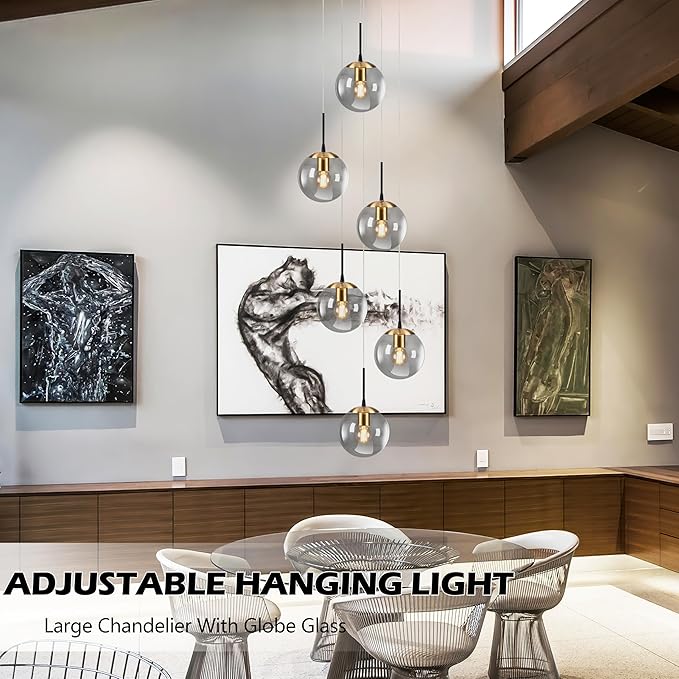 KoKo&Yukina Gold 6-Light Globe Chandelier Modern Globe Pendant Light Dining Light Fixtures Ceiling Hanging Stairwell Lighting Adjustable Staircase Lights Grey Glass Light Fixture for Kitchen