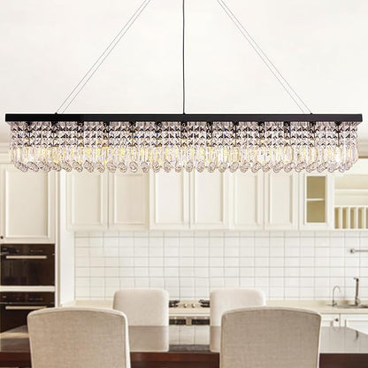59-inch Modern Crystal Chandelier,13-Light K9 Crystal Rectangle Chandelier for Dining Room,Kitchen Island Adjustable Hanging Pendant Light Fixture,Black Finish