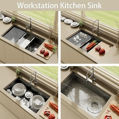 33 Inch Black Stainless Steel Undermount Single Bowl Sinks,33x19x9 Inch Deep Sink, 16 Gauge Workstation Kitchen Sinks, Modern Undermount Kitchen Sink with Ledge and Accessories