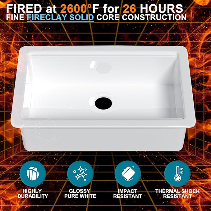 Large Undermount Workstation Kitchen Sink White 33 x 19 Inch, Fireclay Sink Drop In Single Bowl, Dual Mount Heavy Duty Deep Basin, Cutting Board Included, White, for Kitchen