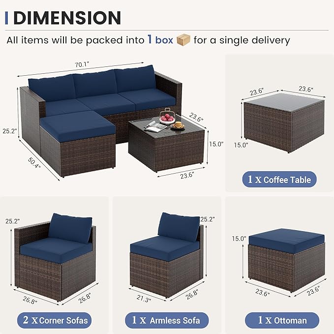 UDPATIO 5 Piece Patio Furniture Set, All-Weather Wicker Outdoor Sectional Sofa,Rattan L Shaped Outdoor Conversation Patio Sectional with Ottoman, Glass Table for Balcony Porch Backyard,Navy Blue