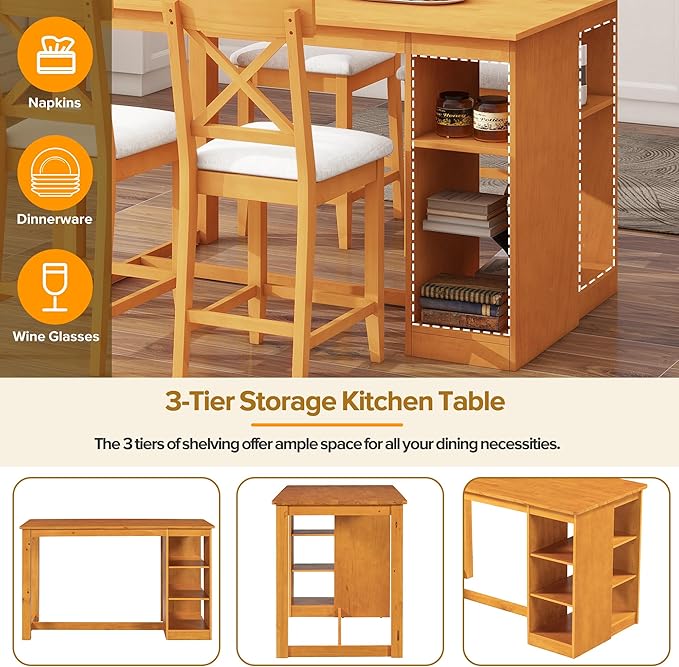 VilroCaz Farmhouse 5-Piece Counter Height Dining Table Set, 2-Tone Rectangular Dining Table with 3-Tier Storage Shelves and Upholstered Dining Chairs, Solid Wood Kitchen Dining Room Set for 4