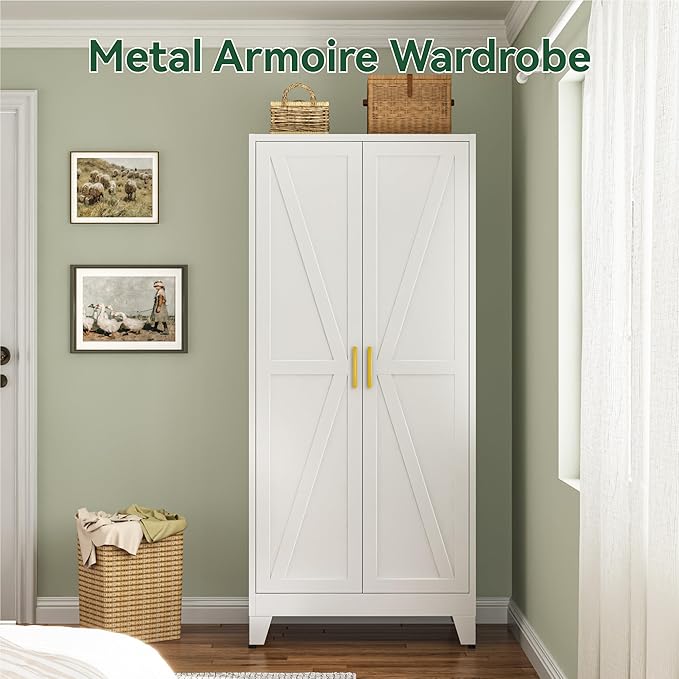 Metal Combination Cabinet, Utility Storage Cabinet with 4 Shelves, Farmhouse Pantry Closet with Doors, 71" Tall Storage Cabinets with Hanging Rod and Clothing Shelf for Hallway Laundry Mudroom