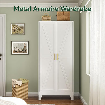 Metal Combination Cabinet, Utility Storage Cabinet with 4 Shelves, Farmhouse Pantry Closet with Doors, 71" Tall Storage Cabinets with Hanging Rod and Clothing Shelf for Hallway Laundry Mudroom