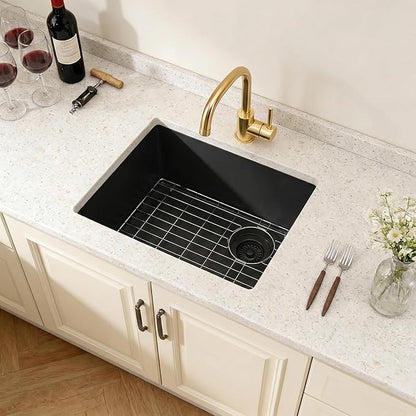 Black Bar Sink,Black Granite Composite Kitchen Sink With Accessories,19 Inch Undermount Quartz Stone Kitchen Sinks,19" x 17" x 9 Black Kitchen Sink with Offset Drain