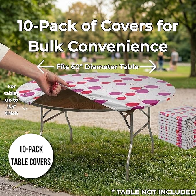 Kwik-Covers 10-Pack Fitted 60” or 72” Round Plastic Table Covers, Elastic Edge, 3 Mil Vinyl, Won’t Blow Off, Indoor/Outdoor for Picnic, Party & Trade Show Supplies (Celebration, 60" Round)