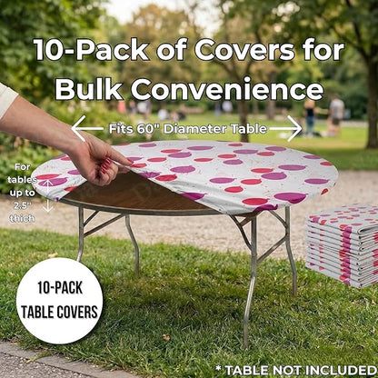 Kwik-Covers 10-Pack Fitted 60” or 72” Round Plastic Table Covers, Elastic Edge, 3 Mil Vinyl, Won’t Blow Off, Indoor/Outdoor for Picnic, Party & Trade Show Supplies (Celebration, 60" Round)