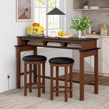 COSTWAY 3 Pieces Bar Table Set with Power Outlet, 36” Counter Height Bar Table with 2 Upholstered Bar Stools, Pub Table Set for Kitchen, Dining Room, Living Room, Small Space (Black + Walnut)