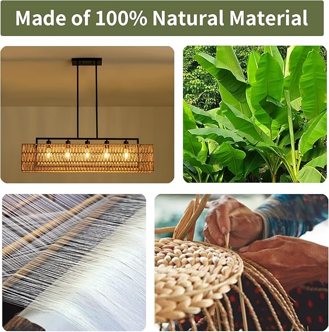Chandeliers for Dining Room 40 Inch Boho Rattan Chandelier 5-Light Linear Chandelier Large Rectangle Chandelier Over Table, Rattan Light Fixture Kitchen Island Lighting