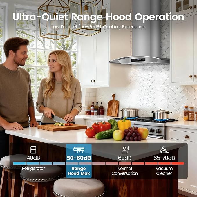 30 inch Wall Mounted Range Hood, 1200 CFM Kitchen Hood with Energy Saving DC Motor, 8-Speed Fan, Ducted/Ductless Convertible, Memory Function & Delay Shutoff, Tempered Glass
