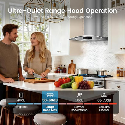 30 inch Wall Mounted Range Hood, 1200 CFM Kitchen Hood with Energy Saving DC Motor, 8-Speed Fan, Ducted/Ductless Convertible, Memory Function & Delay Shutoff, Tempered Glass