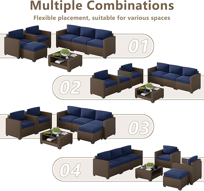LOUVIXA 7 Piece Outdoor Patio Furniture Set, Rattan Chairs Glass Table Wicker Conversation Seating Sectional Sofa with Cushions (Brown-Navy, 7Pcs-2 Layer Coffee Table)