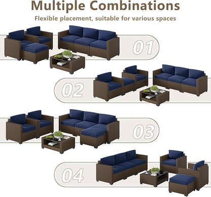 LOUVIXA 7 Piece Outdoor Patio Furniture Set, Rattan Chairs Glass Table Wicker Conversation Seating Sectional Sofa with Cushions (Brown-Navy, 7Pcs-2 Layer Coffee Table)