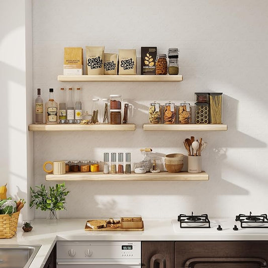 Axeman 24Inch Natural Wood Floating Shelves for Wall|Rustic Wooden Shelves for Bedroom Kitchen Bathroom|Storage Shelf with Invisible Bracket for Wall Mounted|Set of 2|Natural Color