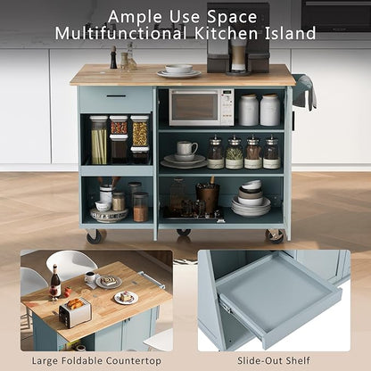 Rolling Kitchen Island Cart with Foldable Counter Top,Slide-Out Shelf and Lockable Wheels,Towel Rack and Drawer,for Kitchen Living Room Dining Room (Grey Blue@y)