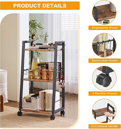 Homeiju 3 Tier Kitchen Storage Cart with Lockable Wheels & 6 Hooks, Mobile Utility Organizer Rolling Cart for Small Spaces, Bar Cart for Kitchen and Living Room, Rustic Brown