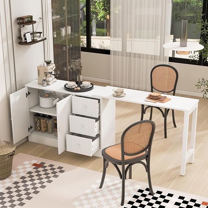 JIJIWANG 89.7'' Wooden Sideboard with Extendable Table,Multifunctional Storage Kitchen Island with 2 Doors and 3 Drawers,for Living Room,Study,Foyer and Kitchen, White