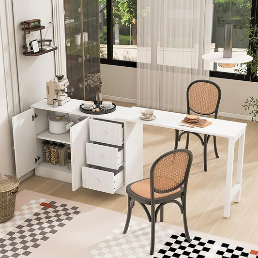 JIJIWANG 89.7'' Wooden Sideboard with Extendable Table,Multifunctional Storage Kitchen Island with 2 Doors and 3 Drawers,for Living Room,Study,Foyer and Kitchen, White