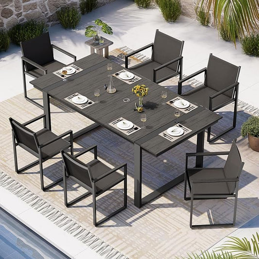 Outdoor Dining Set, HDPS + Aluminum Patio Table and Chairs Set with U-Shaped Base, 7 Piece Outdoor Furniture Set with Umbrella Hole, Patio Dining Table Set for Garden, Backyard (Charcoal)