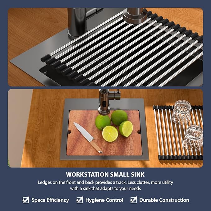 15 Inch Drop In RV Bar Sink - Beslend 15x15 Gunmetal Black Topmount Sink for RV Camper, Black Stainless Steel Wet Bar Workstation with Cutting Board, Roll-up Rack, Drain Assembly & Rinse Grid